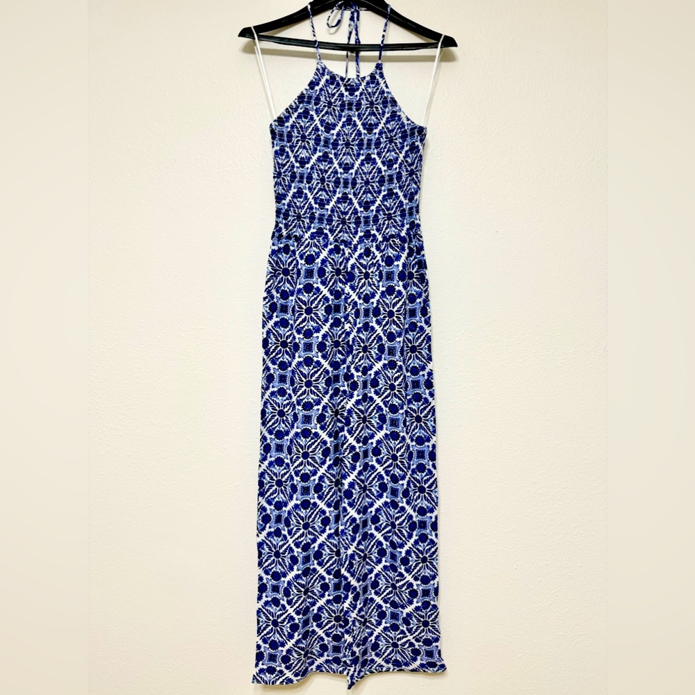 Patrons Of Peace Blue White Floral Halter Smocked Bodice Wide Leg Jumpsuits, XS